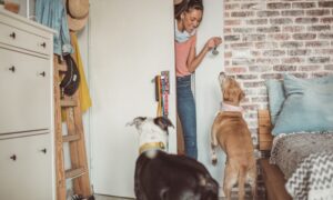 A young lady arriving at an apartment with two dogs excitedly at the door as she lets herself in.