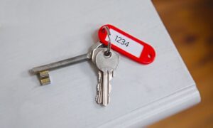 A key fob with two keys on it and a label saying 1234.