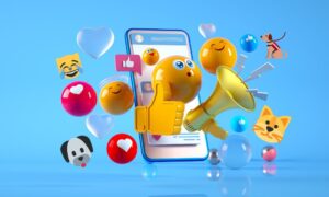 A smart phone with flying emojis coming out of it including cats and dogs