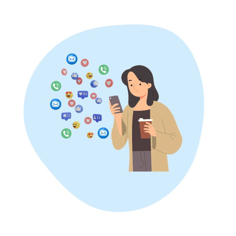 Blue background with an illustration of a lady looking at her phone with like and love emojis to represent pet sitter marketing