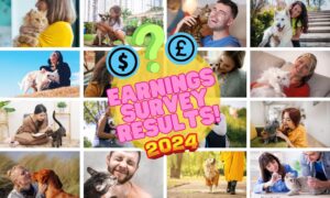 A collage of pet sitters and dog walkers with text overlaid saying 'Earnings survey results'.