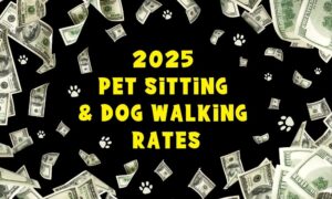 Black background with dollar bills flying around and paw prints, with the words 2025 Pet Sitting & Dog walking rates in yellow text.