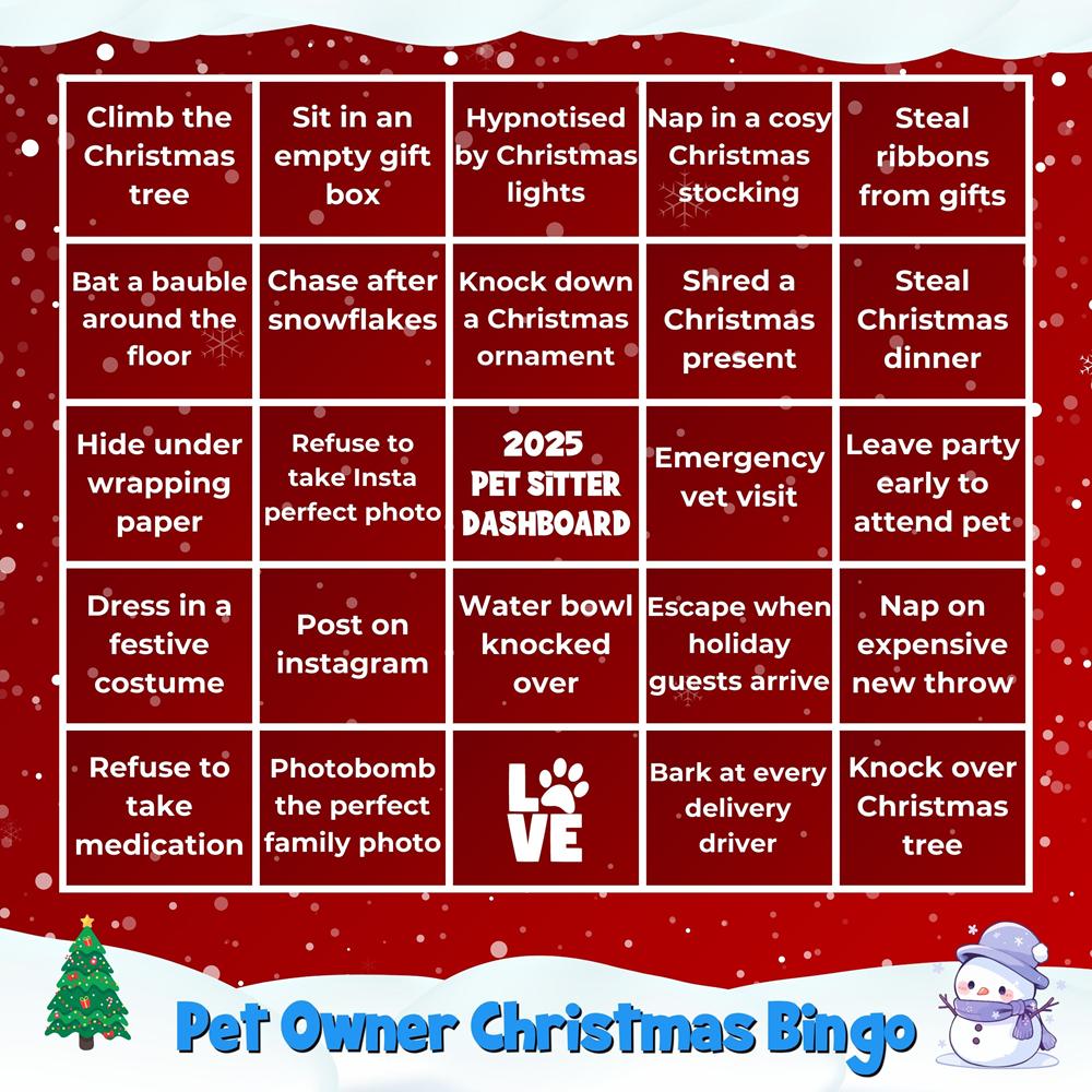 A bingo card for pet owners with a red background and featuring things their pets are likely to do over the festive period.