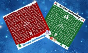 Two pet christmas bingo cards on a dark blue snowy background