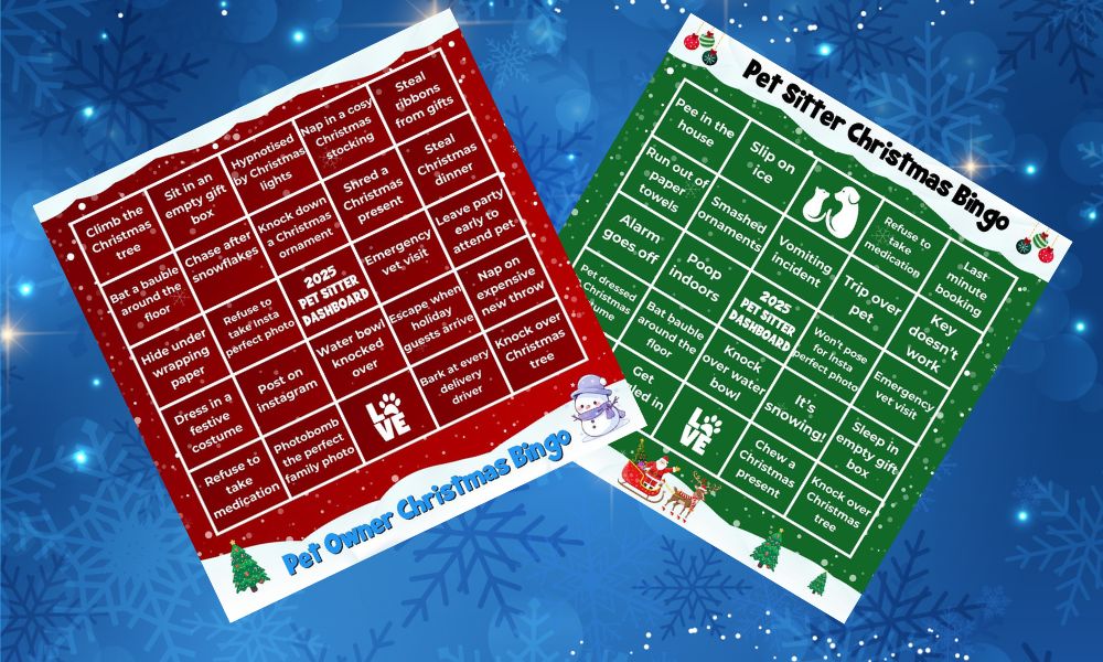 Two pet christmas bingo cards on a dark blue snowy background