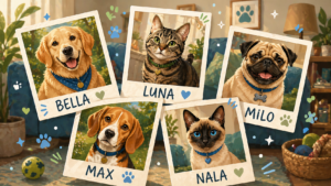 An illustration of 5 pets as polaroid photos with their names written on them