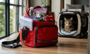 Cat in the background of a living room with a packed emergency bag ready for a disaster