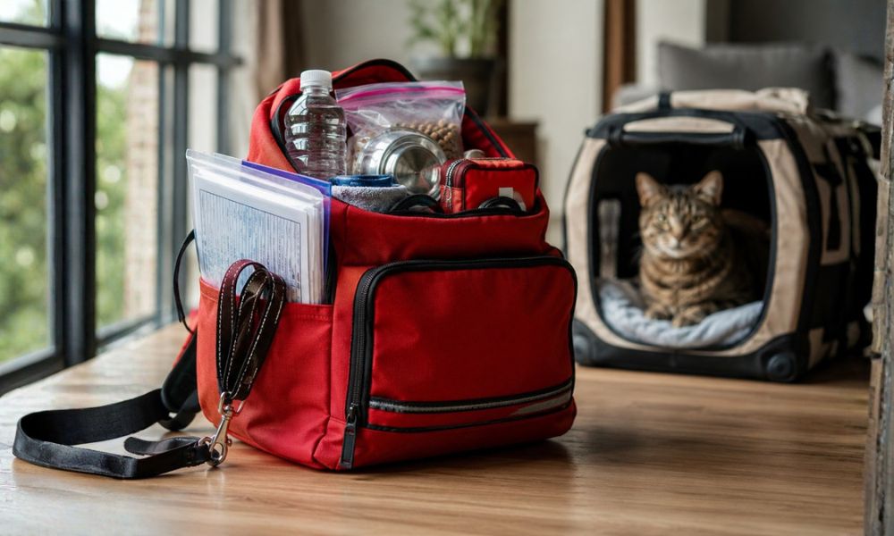 Cat in the background of a living room with a packed emergency bag ready for a disaster