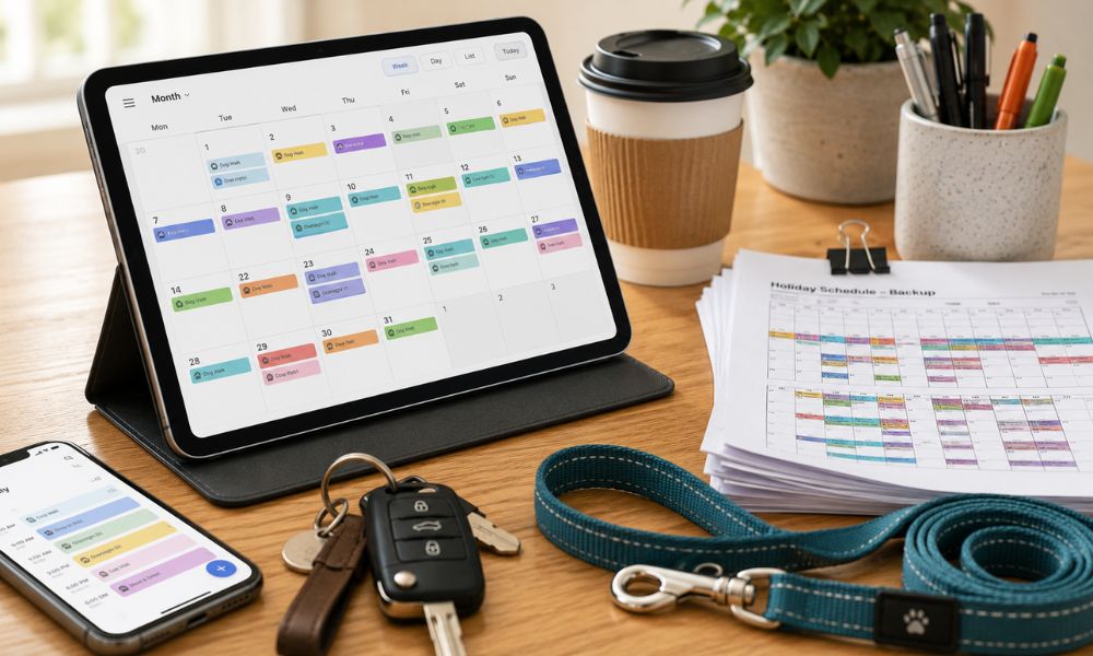 Desk with holiday schedule, tablet showing busy calendar, car keys and a pet lead.